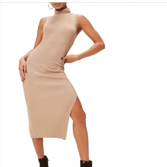 Good American | Dresses | Good American Dress Plaited Midi Sleeveless  Ribbed Knit Warm Caramel Beige | Poshmark
